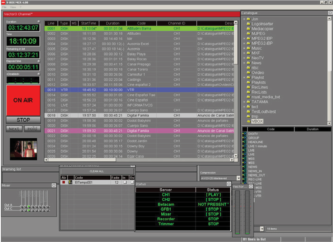 Vector Box automation and playout screen